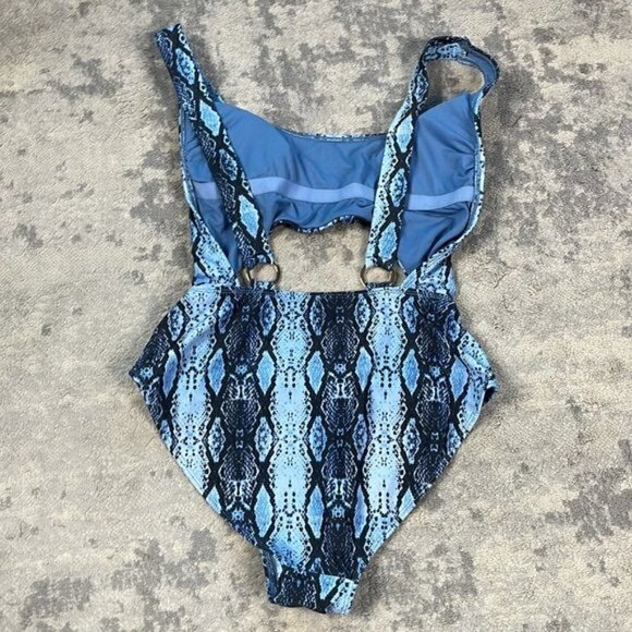 New Rachel Rachel Roy Desert Snake Cut Out One Piece Swimsuit Blue Reptile Sz L - Picture 7 of 10